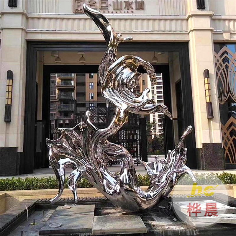 大型不銹鋼雕塑定制金屬月亮水景觀浪花動(dòng)物園林校園異形鏡面擺件